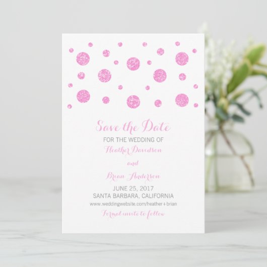 Roze Glitter Confetti sparen de Datum uitnodigen Save The Date (Staand voorkant)