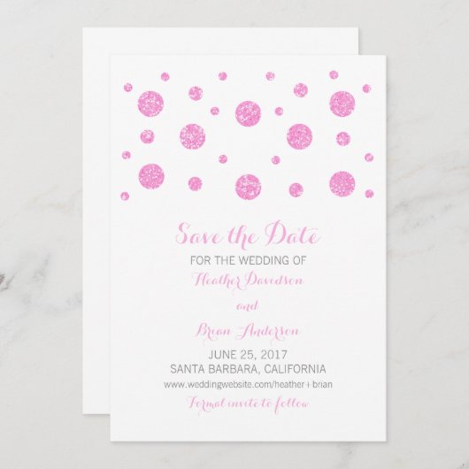Roze Glitter Confetti sparen de Datum uitnodigen Save The Date (Voorkant / Achterkant)