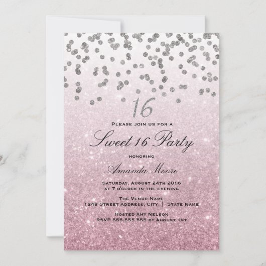 Roze Glitter Confetti Sweet 16 Uitnodiging (Voorkant)