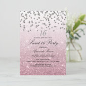 Roze Glitter Confetti Sweet 16 Uitnodiging (Staand voorkant)