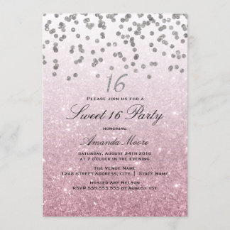 Roze Glitter Confetti Sweet 16 Uitnodiging