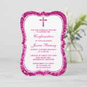 Roze Glitter Cross Heilige Communie of Bevestiging Kaart (Staand voorkant)