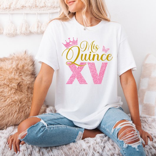 Roze Glitter Crown Mis Quince XV Quinceanera Party T-shirt