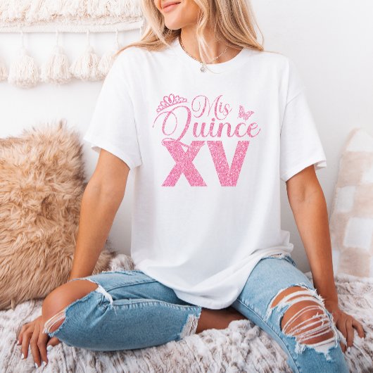 Roze Glitter Crown Mis Quince XV Quinceanera Party T-shirt