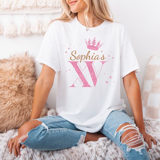 Roze Glitter Crown Mis Quince XV Quinceanera Party T-shirt