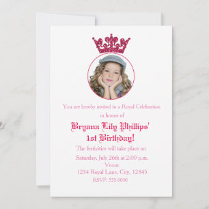 Roze Glitter Crown Royal Birthday Photo Invitation Kaart