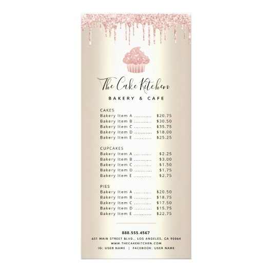 Roze Glitter Cupcake Gold Bakery Pastry Chef Menu (Voorkant)