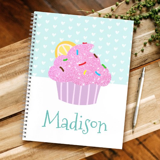 Roze Glitter Cupcake op Turquoise met hartennaam Notitieboek
