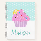 Roze Glitter Cupcake op Turquoise met hartennaam Notitieboek (Voorkant)