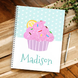 Roze Glitter Cupcake op Turquoise met Hartjes Naam Notitieboek