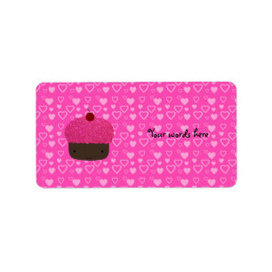Roze glitter cupcake roze harten etiket