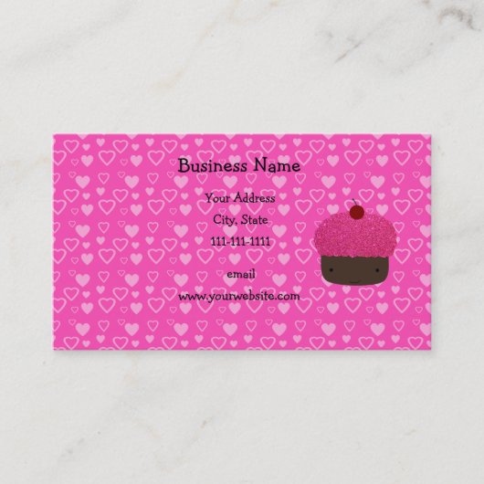 Roze glitter cupcake roze harten visitekaartje (Voorkant)