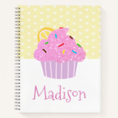 Roze Glitter Cupcake Witte Hartjes op Gele Naam Notitieboek (Voorkant)