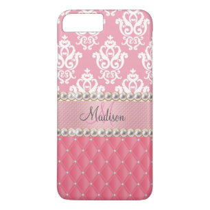 Roze glitter, Damask, getufte met neushoorns iPhone 8/7 Plus Hoesje