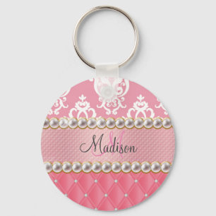 Roze glitter, Damask, getufte met neushoorns Sleutelhanger