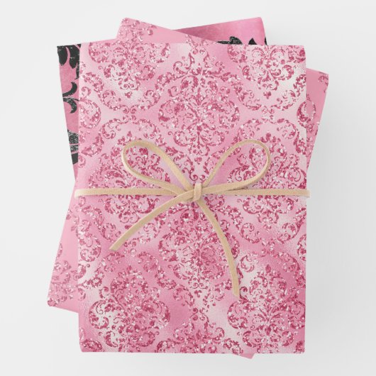  roze glitter Damask Glam Gift Inpakpapier Vel (In situ)