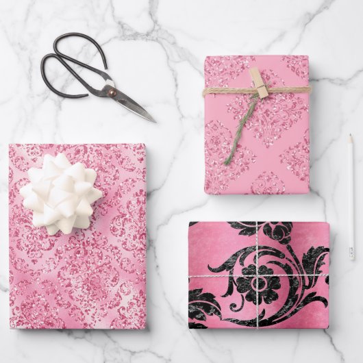  roze glitter Damask Glam Gift Inpakpapier Vel (Voorkant)