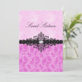 Roze Glitter Damask Sweet 16 Uitnodiging (Staand voorkant)