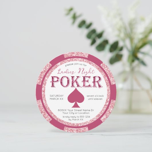 Roze Glitter Dames Nacht Poker Chip Kaart (Staand voorkant)