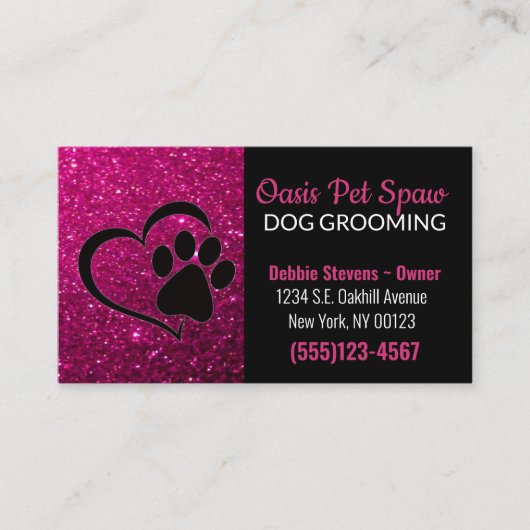 Roze Glitter Design Dog Pet Grooming Service Visitekaartje (Voorkant)