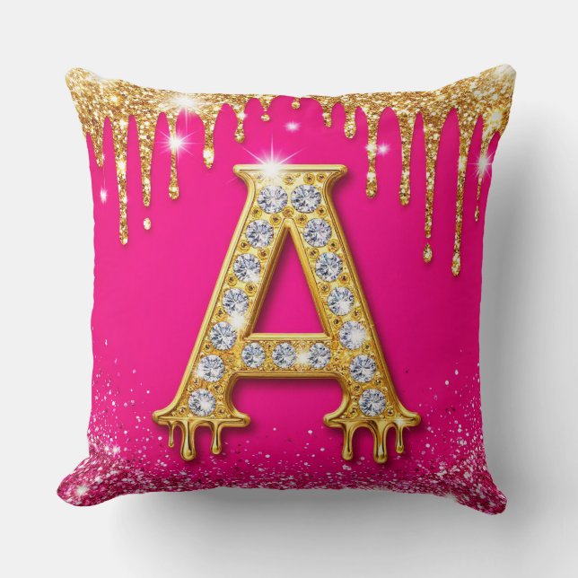 Roze Glitter Diamant Initiaal A Gouden Frame Monog Kussen (Voorkant)