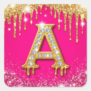 Roze Glitter Diamant Initiaal A Gouden Frame Monog Vierkante Sticker