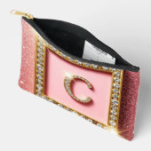 Roze Glitter Diamant Initiaal C Gouden Frame Monog Etui (Open)