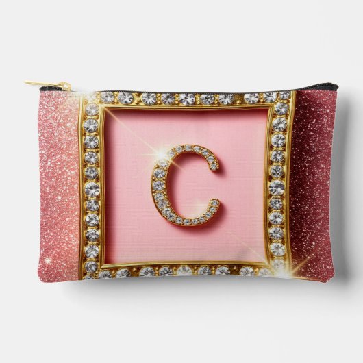 Roze Glitter Diamant Initiaal C Gouden Frame Monog Etui (Voorkant)