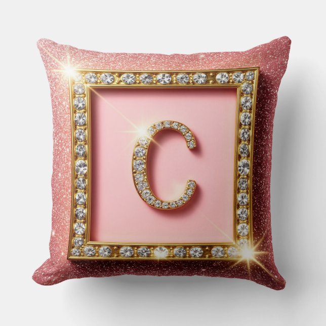 Roze Glitter Diamant Initiaal C Gouden Frame Monog Kussen (Voorkant)