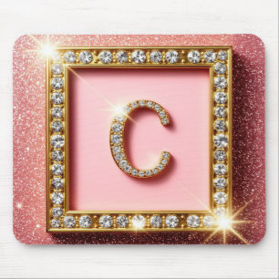 Roze Glitter Diamant Initiaal C Gouden Frame Monog Muismat