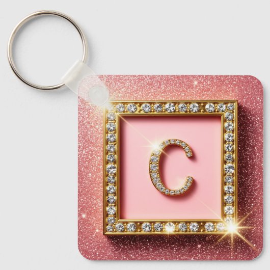 Roze Glitter Diamant Initiaal C Gouden Frame Monog Sleutelhanger (Voorkant)