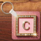 Roze Glitter Diamant Initiaal C Gouden Frame Monog Sleutelhanger (Voorkant)
