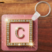 Roze Glitter Diamant Initiaal C Gouden Frame Monog Sleutelhanger (Achterkant)