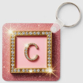 Roze Glitter Diamant Initiaal C Gouden Frame Monog Sleutelhanger (Achterkant)