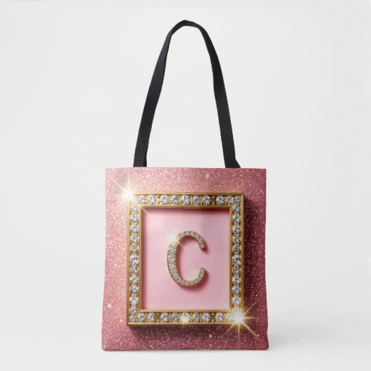 Roze Glitter Diamant Initiaal C Gouden Frame Monog Tote Bag (Voorkant)