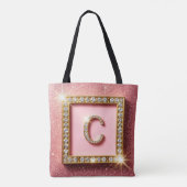 Roze Glitter Diamant Initiaal C Gouden Frame Monog Tote Bag (Achterkant)