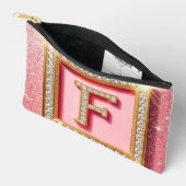Roze Glitter Diamant Initiaal F Gouden Frame Monog Etui (Open)
