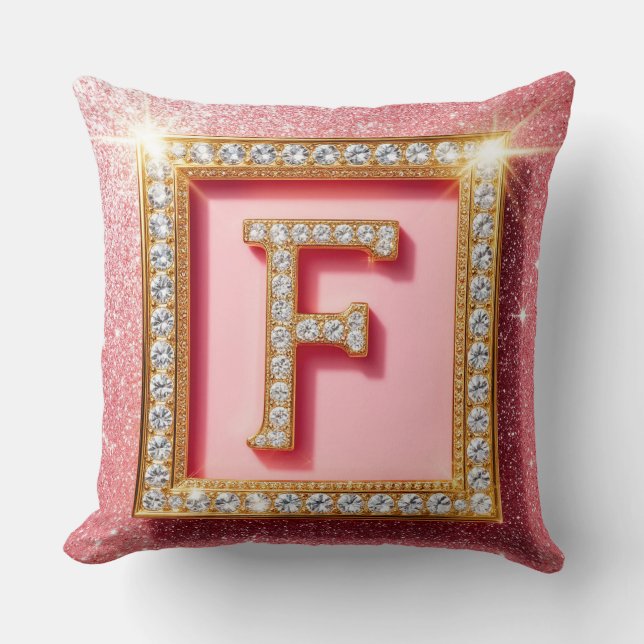 Roze Glitter Diamant Initiaal F Gouden Frame Monog Kussen (Voorkant)