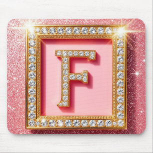 Roze Glitter Diamant Initiaal F Gouden Frame Monog Muismat