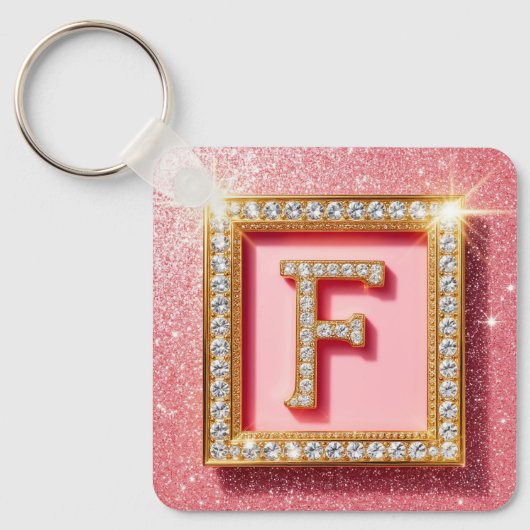 Roze Glitter Diamant Initiaal F Gouden Frame Monog Sleutelhanger (Voorkant)