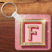 Roze Glitter Diamant Initiaal F Gouden Frame Monog Sleutelhanger (Voorkant)