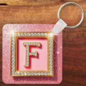 Roze Glitter Diamant Initiaal F Gouden Frame Monog Sleutelhanger (Achterkant)
