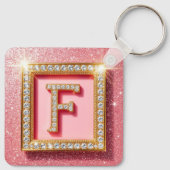 Roze Glitter Diamant Initiaal F Gouden Frame Monog Sleutelhanger (Achterkant)