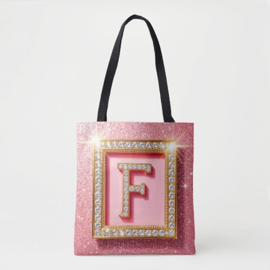 Roze Glitter Diamant Initiaal F Gouden Frame Monog Tote Bag (Voorkant)