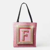 Roze Glitter Diamant Initiaal F Gouden Frame Monog Tote Bag (Achterkant)