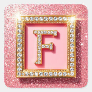 Roze Glitter Diamant Initiaal F Gouden Frame Monog Vierkante Sticker