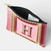 Roze Glitter Diamant Initiaal H Gouden Frame Monog Etui (Open)