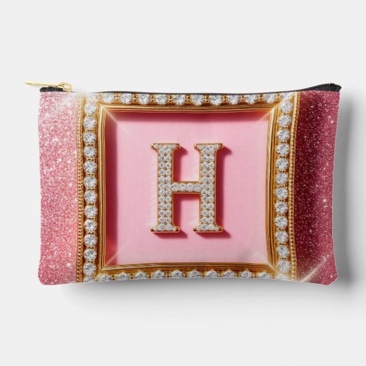 Roze Glitter Diamant Initiaal H Gouden Frame Monog Etui (Voorkant)