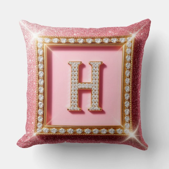 Roze Glitter Diamant Initiaal H Gouden Frame Monog Kussen (Voorkant)