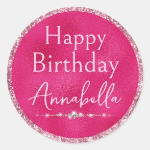 Roze Glitter & Diamanten Gelukkige Verjaardag  Ronde Sticker